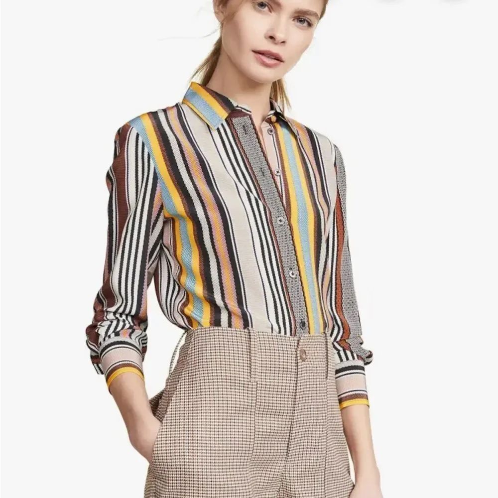 Tory Burch Silk Colorful Striped Button Front Shirt Blouse Womens 6